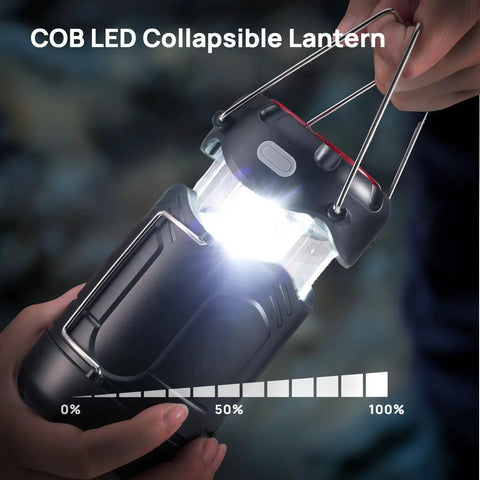 Hands holding COB LED lantern from Two Pack Collapsible LED Camping Lanterns USB-C Rechargeable And Battery Powered 2-In-1 Emergency Light