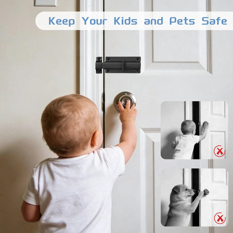 Premium Heavy Duty Stainless Steel Slide Lock Latch Featuring Dead Stop Barrel Bolt Design For Secure Outdoor Gate And Fencing Installation Rust Free Hardware Complete Mounting Kit Included For Zero Hassle Everyday Security on door with child reaching for knob.