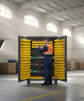 Heavy Duty Gray Steel Storage Cabinet With Four Adjustable Shelves And 144 Organizational Bins in use by worker, yellow bins visible.
