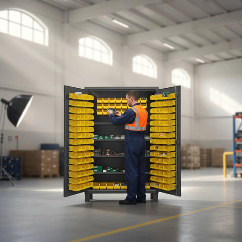 Heavy Duty Gray Steel Storage Cabinet With Four Adjustable Shelves And 144 Organizational Bins in use by worker, yellow bins visible.