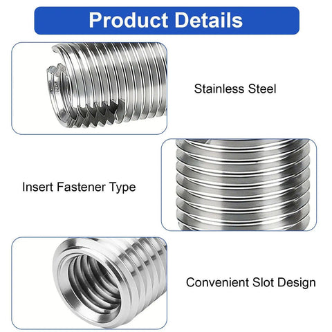 Heavy Duty Stainless Steel Self Tapping Thread Inserts Set M3 To M16 Inner Thread Repair Kit, 50 Pieces, Pro Grade Industrial Fastener Repair For Cars, Machinery, And Home Projects. Stainless steel insert fastener with slot design