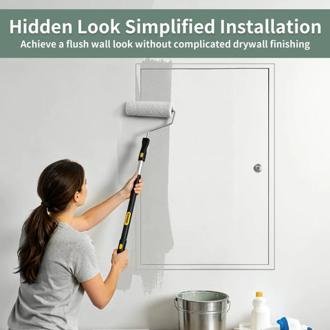 Woman painting a wall with a roller, showcasing Top Grade Flush Mount Access Panel For Drywall Walls 24X36 Inch Hidden Steel Door.