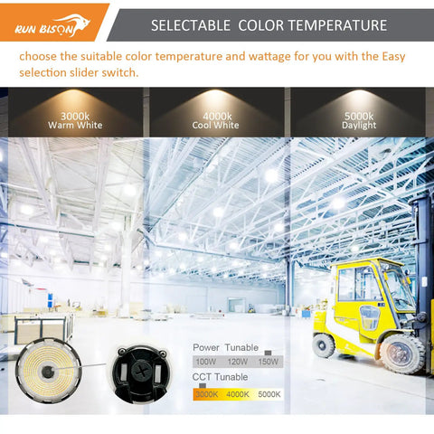 Selectable color temperature options for Heavy Duty Led High Bay Lights With Motion Sensor 8 Pack Adjustable Wattage.