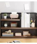 Industrial Style Iron Tabletop Bookshelf With Density Board Open Organizer Shelf displaying books and decor items in a living room.