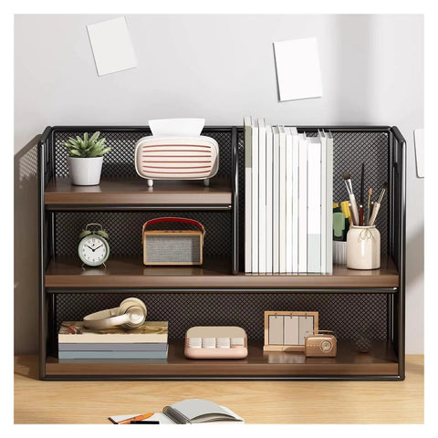 Industrial Style Iron Tabletop Bookshelf With Density Board Open Organizer Shelf displaying books and decor items in a living room.