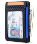 Ultra Slim Front Pocket RFID Blocking Leather Wallet For Men And Women In Carbon Fiber Black with cards and cash inserted