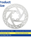 140mm Stainless Disc Brake Rotor with 6 Bolt Mount for Bikes and Electric Scooters product size and specs