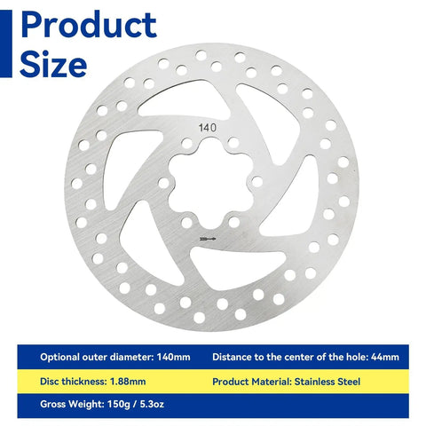 140mm Stainless Disc Brake Rotor with 6 Bolt Mount for Bikes and Electric Scooters product size and specs