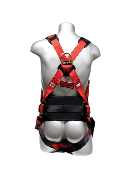 Back view of Premium EagleLite Harness with tongue buckles and 3 steel D rings for fall protection, large size, on mannequin