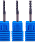 Five blue solid carbide end mills in blue holders; 3/32" diameter, 1/8" shank, 4-flute, AlTiN-coated.