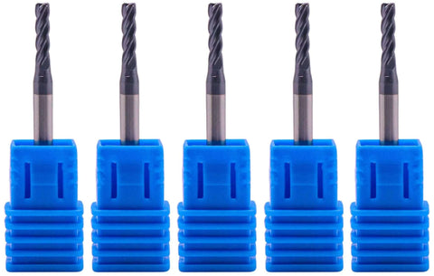 Five blue solid carbide end mills in blue holders; 3/32" diameter, 1/8" shank, 4-flute, AlTiN-coated.