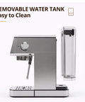 Compact Stainless Steel Espresso Maker With Auto Milk Frother And Steam Wand 20 Bar Pressure showing removable water tank for easy cleaning.