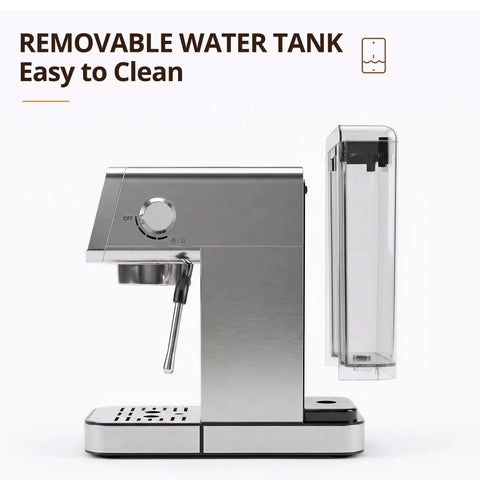 Compact Stainless Steel Espresso Maker With Auto Milk Frother And Steam Wand 20 Bar Pressure showing removable water tank for easy cleaning.