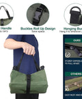 Heavy Duty Tool Roll Up Bag Portable Organizer For Mechanics Electricians And Repair Pros Waterproof Oxford Cloth Zipper Pouch Green Durable Tool Storage Case For Home Shop And On The Go shown carried by a person highlighting solid handle and buckles