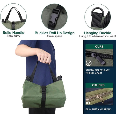 Heavy Duty Tool Roll Up Bag Portable Organizer For Mechanics Electricians And Repair Pros Waterproof Oxford Cloth Zipper Pouch Green Durable Tool Storage Case For Home Shop And On The Go shown carried by a person highlighting solid handle and buckles