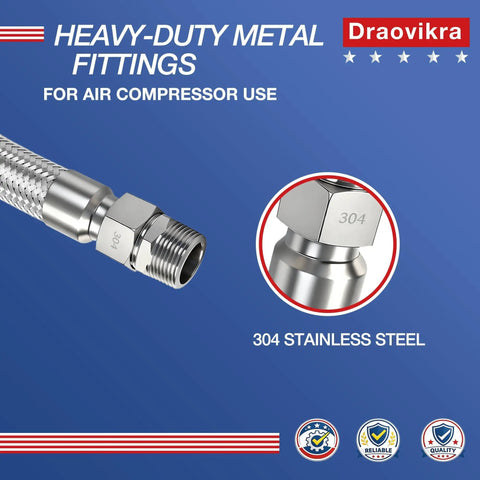 Heavy Duty 3/4 Inch Jumper Hose For Air Compressor 20 Inches Long With Swivel NPT To BSPP Adapter 870 PSI showcasing stainless steel fittings.