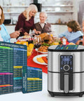 Air Fryer Cooking Times Magnet Set With 100 Plus Foods displayed in a kitchen with air fryer and family dining scene.