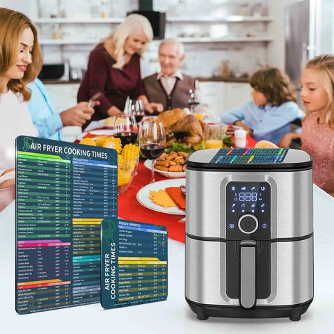 Air Fryer Cooking Times Magnet Set With 100 Plus Foods displayed in a kitchen with air fryer and family dining scene.