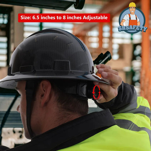 Person adjusting Full Brim Hard Hat With Carbon Fiber Design, 6 Point Adjustable Ratchet Suspension, OSHA Approved ANSI Z89.1 Type I Class C
