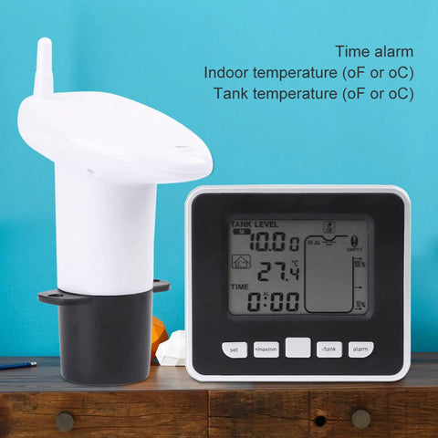 Ultrasonic Water Level Sensor With 3.3 Inch LCD Display Temperature Monitoring Alarm Setting 100m Range For Non Corrosive Liquids In Tanks Industrial Use 10 Segment LCD Bar Graph Readout showing temperature and time readings.