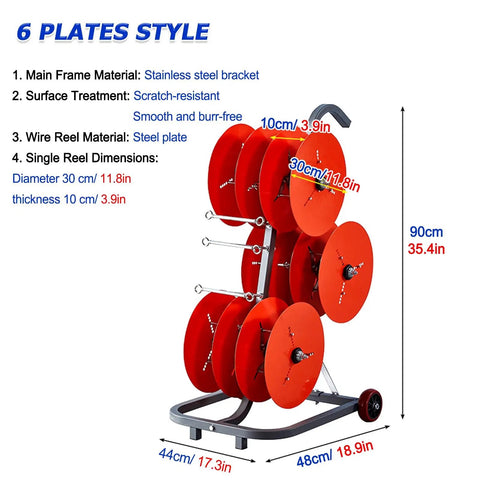 Heavy Duty Wire Spool Rack With Wheel For Industrial Cables And Ribbons, red steel plates, slide out rods, 6 plate style