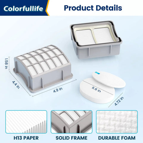 Replacement Six Filter Set With 4 Foam And 2 Post Motor Filters For Shark Navigator Pro NV70 NV71 NV80 NVC80C UV420 And Rotator XL NV90 XFF80 XHF80 Pack shown with dimensions and material details.