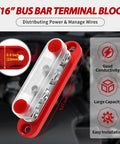 Heavy Duty 150A Bus Bar Power Distribution Block With Cover, 12V Marine And Gearhead Approved, 5/16 inch studs, red, compact design.