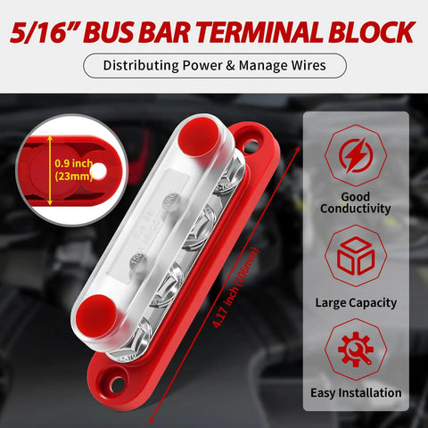 Heavy Duty 150A Bus Bar Power Distribution Block With Cover, 12V Marine And Gearhead Approved, 5/16 inch studs, red, compact design.