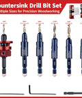 Pro Grade Wood Countersink Drill Bit Set For Wood Six Piece With Sizes 4 6 8 10 12 Adjustable Depth Stop Hex Key And Driver Bit