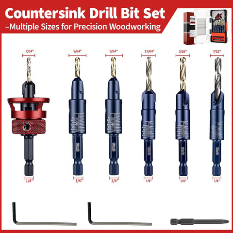 Pro Grade Wood Countersink Drill Bit Set For Wood Six Piece With Sizes 4 6 8 10 12 Adjustable Depth Stop Hex Key And Driver Bit