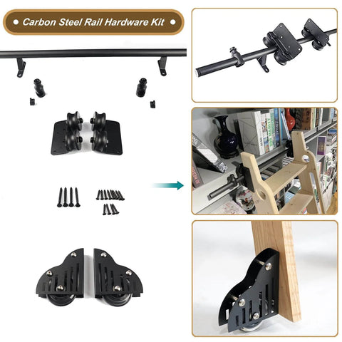 Heavy Duty Sliding Barn Door Hardware Kit With Black Carbon Steel Track And Rollers For Closet Includes Hanging Rail 2 Rollers 2 Rail Stoppers 2 Floor Wheels Track Connectors Supports And Screws No Ladder Included shown with components and installed example.
