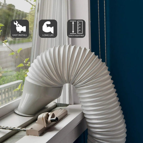 Portable Air Conditioner Exhaust Hose 5.9 Inch Outer Diameter, 78 Inch Length, Counterclockwise Threads attached to window