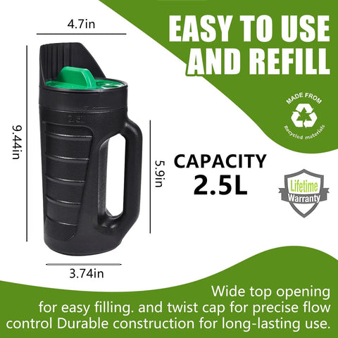 Side view of Three Opening Adjustable Handheld Seed Spreader With 90 Ounce Capacity For Fertilizer, Grass Seed, Ice Melt, And Lawn Care Pro Grade, All In One Spreader That Makes Yard Work A Breeze, Gloves Included, showing dimensions and green cap.