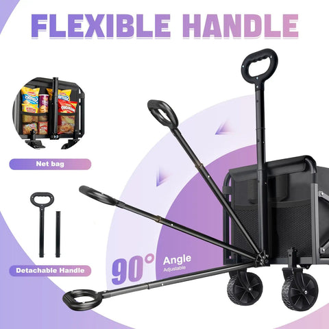 Heavy Duty Folding Wagon Cart With 360 Degree Wheels All Terrain Carrier 100Kg Capacity showing flexible handle adjustment