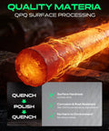 Molten metal rod undergoing QPQ surface processing with text highlighting quench, polish, and corrosion resistance features.