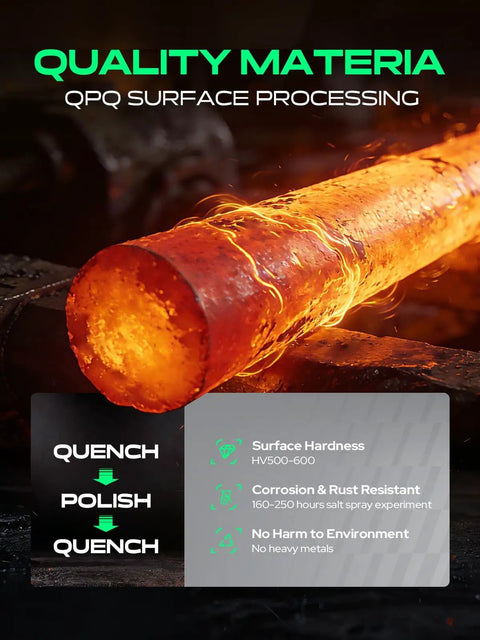 Hot metal rod with text detailing quench, polish, quench process for Set Of 2 Rear Window Glass Lift Supports Gas Struts Replacement.