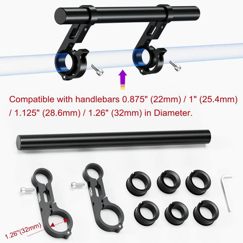 Handlebar Extender Cross Bar 11.81 Inches Long Aluminum Alloy Mount Bar for Bikes and Motorcycles with 22mm Diameter, parts shown.
