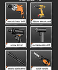 Various drills and screwdrivers with labels: electric hand drill, lithium electric drill, screw driver, rechargeable drill, electric screw driver, quick handle.