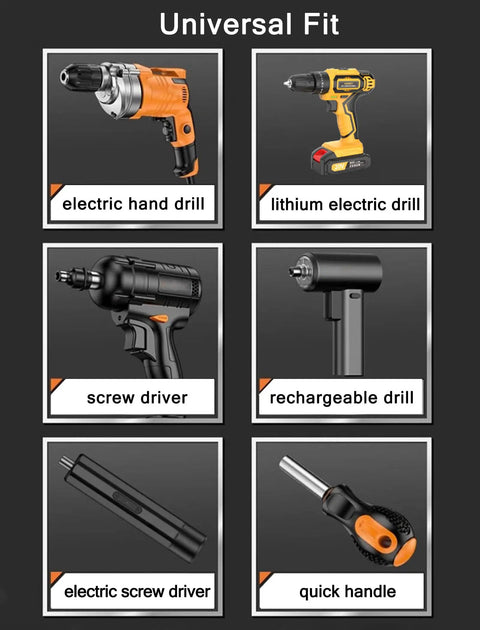 Various drills and screwdrivers with labels: electric hand drill, lithium electric drill, screw driver, rechargeable drill, electric screw driver, quick handle.