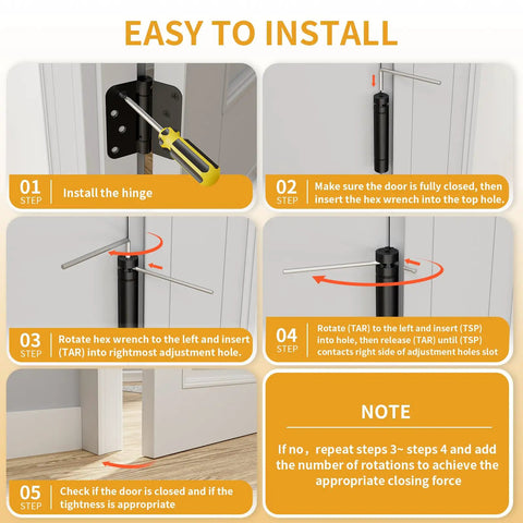 Installation instructions for Top Shelf 3 Pack Self Closing Door Hinges 4 Inch Black With Heavy Duty Steel Build.