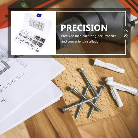 240 Piece Stainless Steel Set Screws Hex Socket Assortment Kit displayed with drill and wooden surface