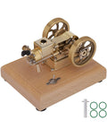 Top Tier Miniature Hit And Miss Engine 1.6cc Horizontal Four Stroke Gasoline Motor on solid wood base with brass components.