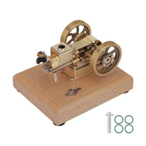 Top Tier Miniature Hit And Miss Engine 1.6cc Horizontal Four Stroke Gasoline Motor on solid wood base with brass components.