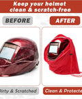 Before and after showing helmet protected by 4 Pack Welding Helmet Bags With Drawstring Locking, Lightweight Microfiber Helmet Storage.