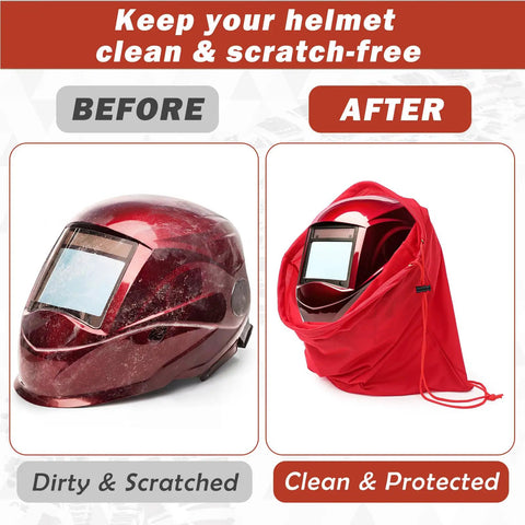 Before and after showing helmet protected by 4 Pack Welding Helmet Bags With Drawstring Locking, Lightweight Microfiber Helmet Storage.