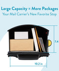 Open view of large capacity plastic post mount mailbox in black for outdoor use, showing space for packages, USPS compatible