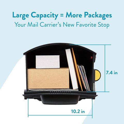Open view of large capacity plastic post mount mailbox in black for outdoor use, showing space for packages, USPS compatible