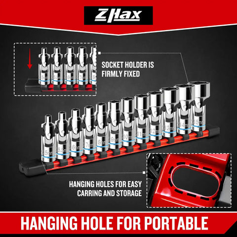 12-Piece Quarter Inch Drive Universal Flex Socket Set, 6-Point Metric From Five To Fifteen Millimeters, Swivel Joint, CR-V Steel, Workin' In Tight Spaces And Hard To Reach Spots, on red holder
