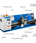 9 Inch Benchtop Metal Lathe With 1100W Variable Speed Motor, features labeled controls like emergency stop and blade lock.