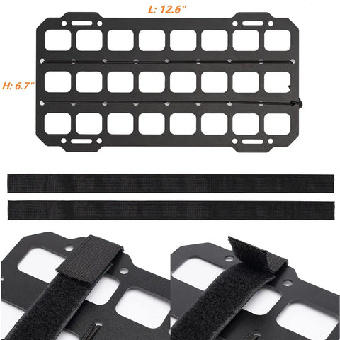 Car Sun Visor Organizer With Rigid MOLLE Panel Mount Plate Tactical Gear Rack showing aluminum frame and straps.